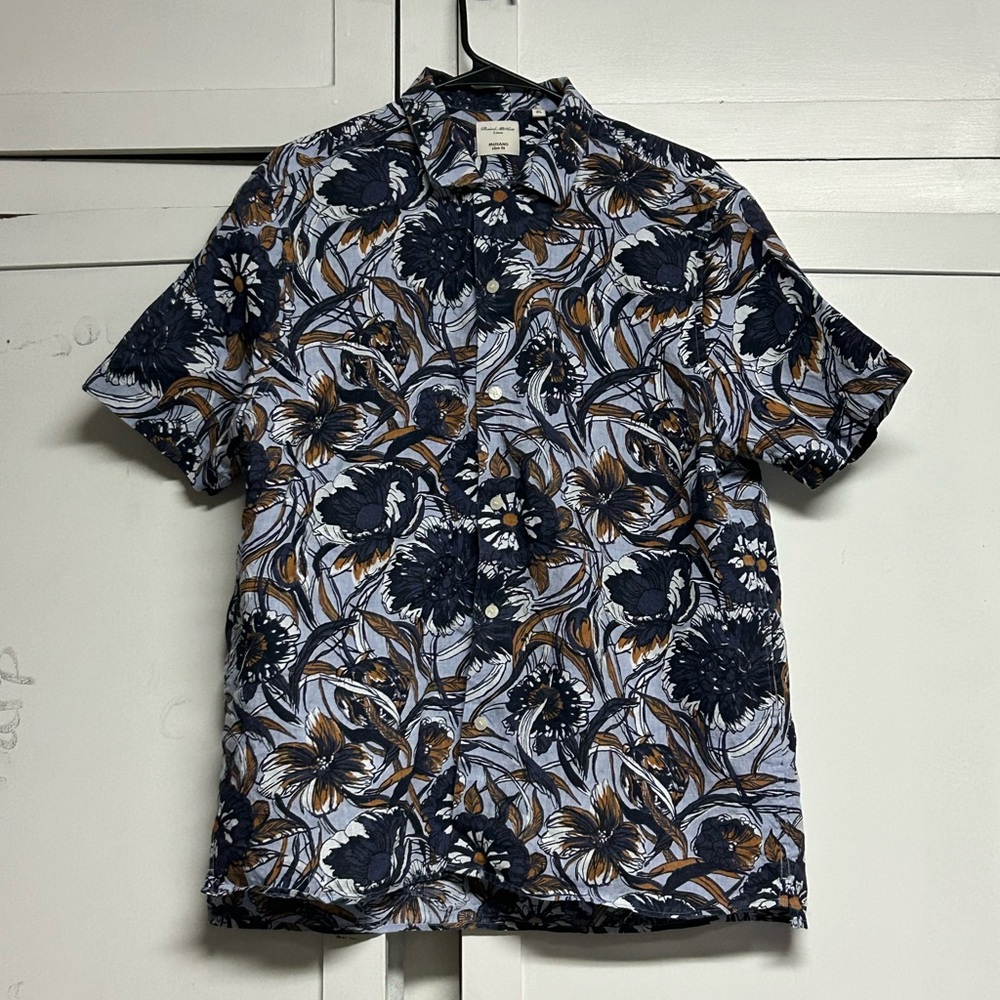 Murano Navy and Brown Floral Short-Sleeve Button-Down Shirt